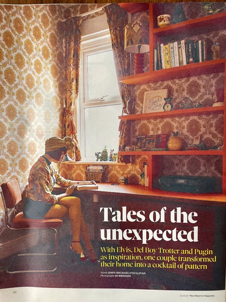 Cover page from three page article in The Observer magazine showcasing apartment of Amber Butchart and Rob Flowers