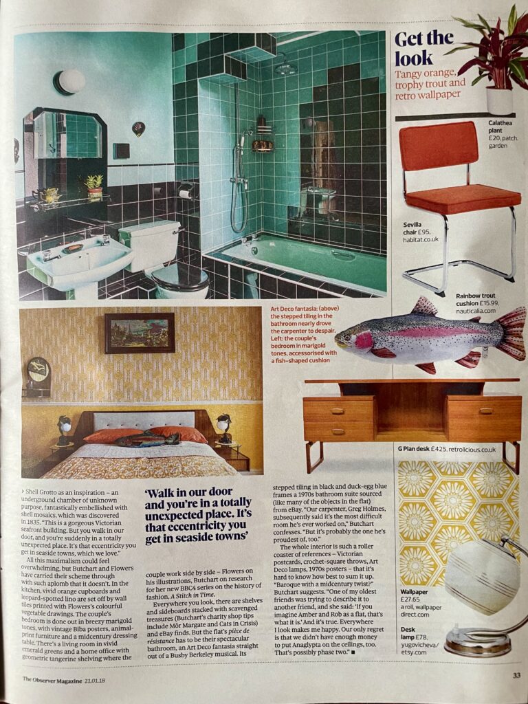 Third page of a three page feature on flat renovation of Amber Butchart and Rob Flowers featuring art deco bathroom by The House of Holmes