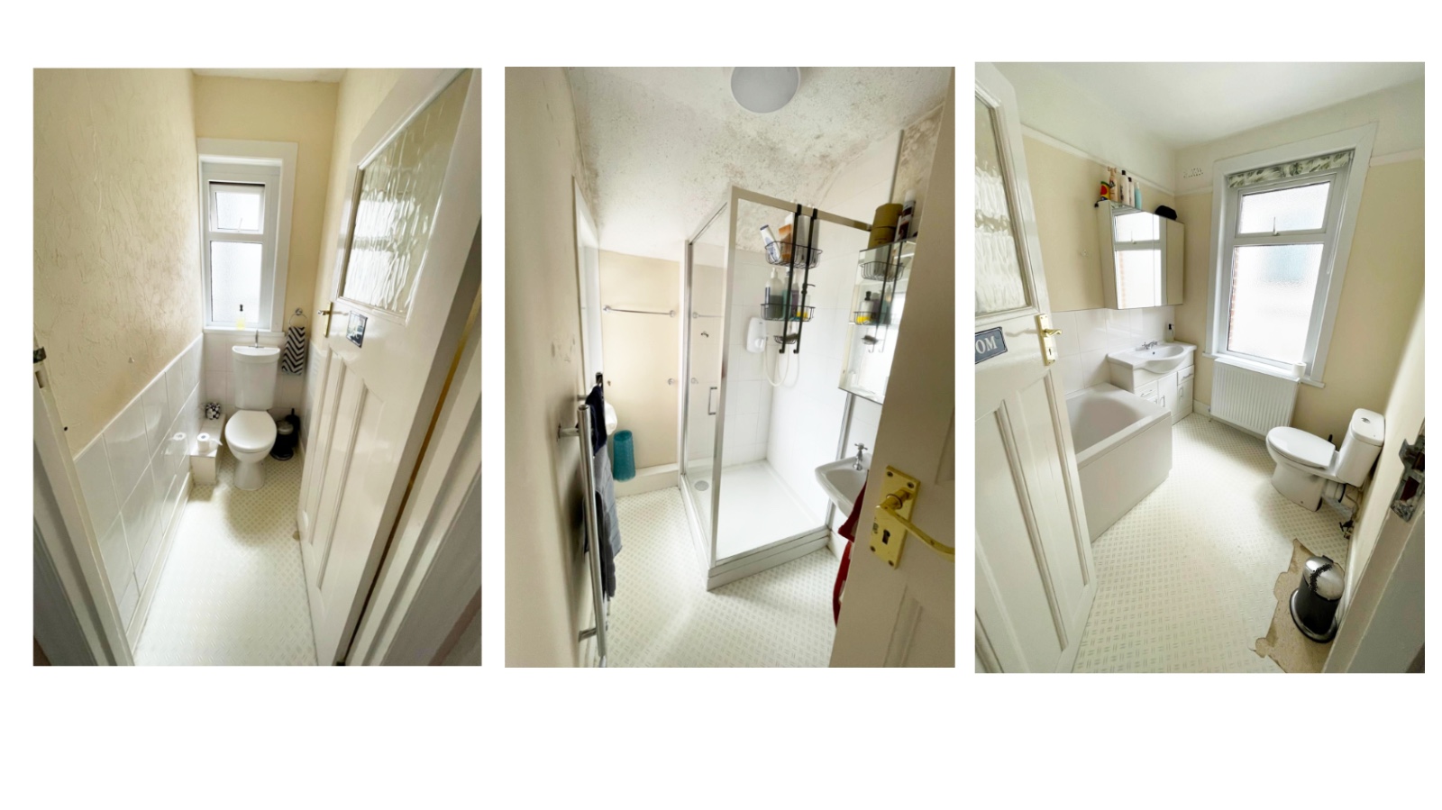 Tryptich of photos of existing bathroom, shower room and closet w.c